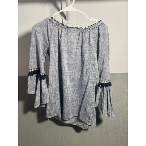 Style & Co Women's Size S Light Blue Linen Blend Off Shoulder Tassel Bell Sleeve - Picture 5 of 5
